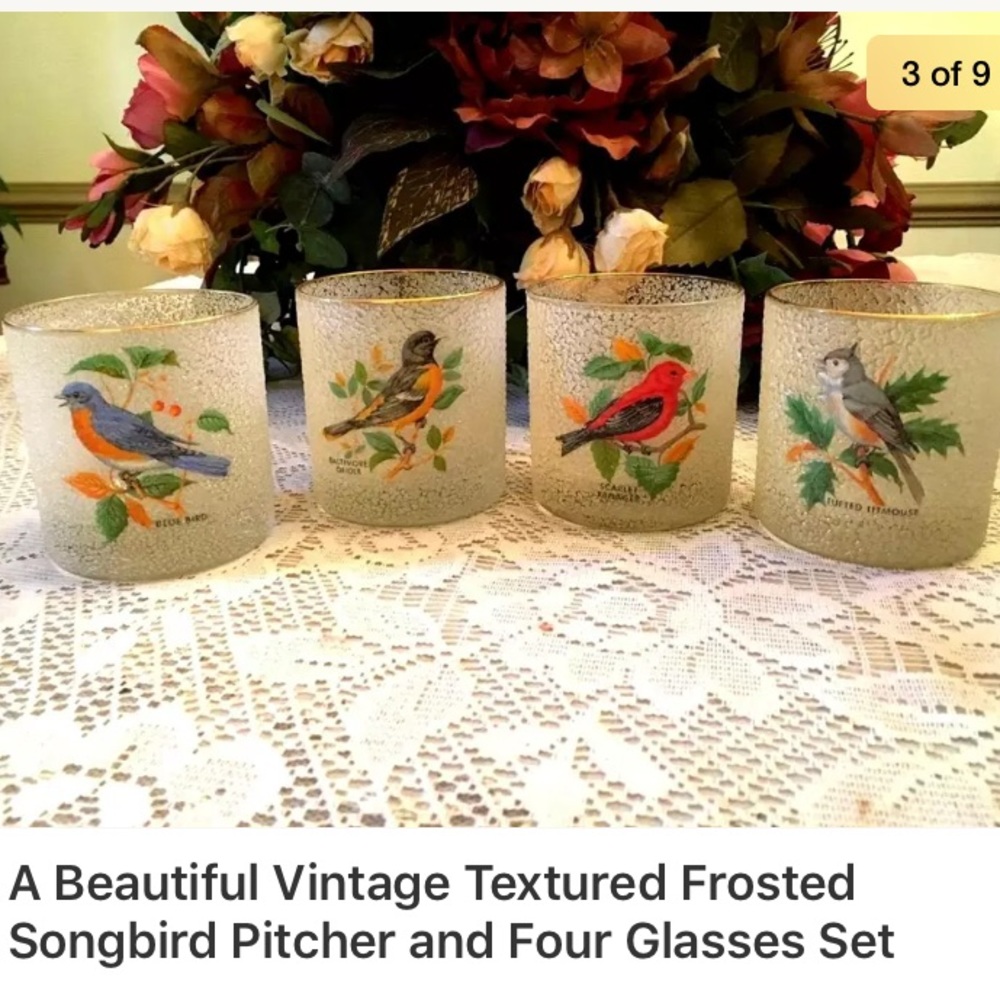 Vintage Textured Frosted Songbird Pitcher 4 Glasse - Picture 3 of 8